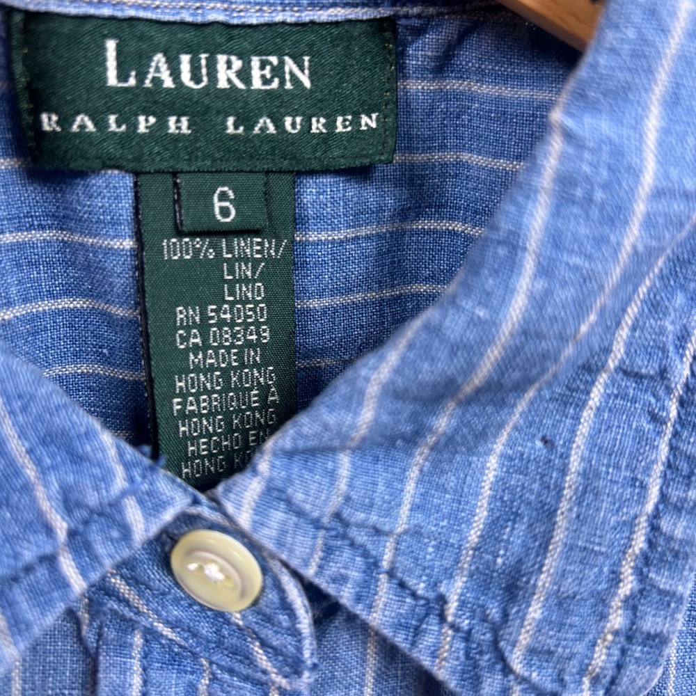 Vintage Lauren Ralph Lauren Sleeveless Shirt  Women Pinstripe Linen 6 Hong Kong - Picture 7 of 9